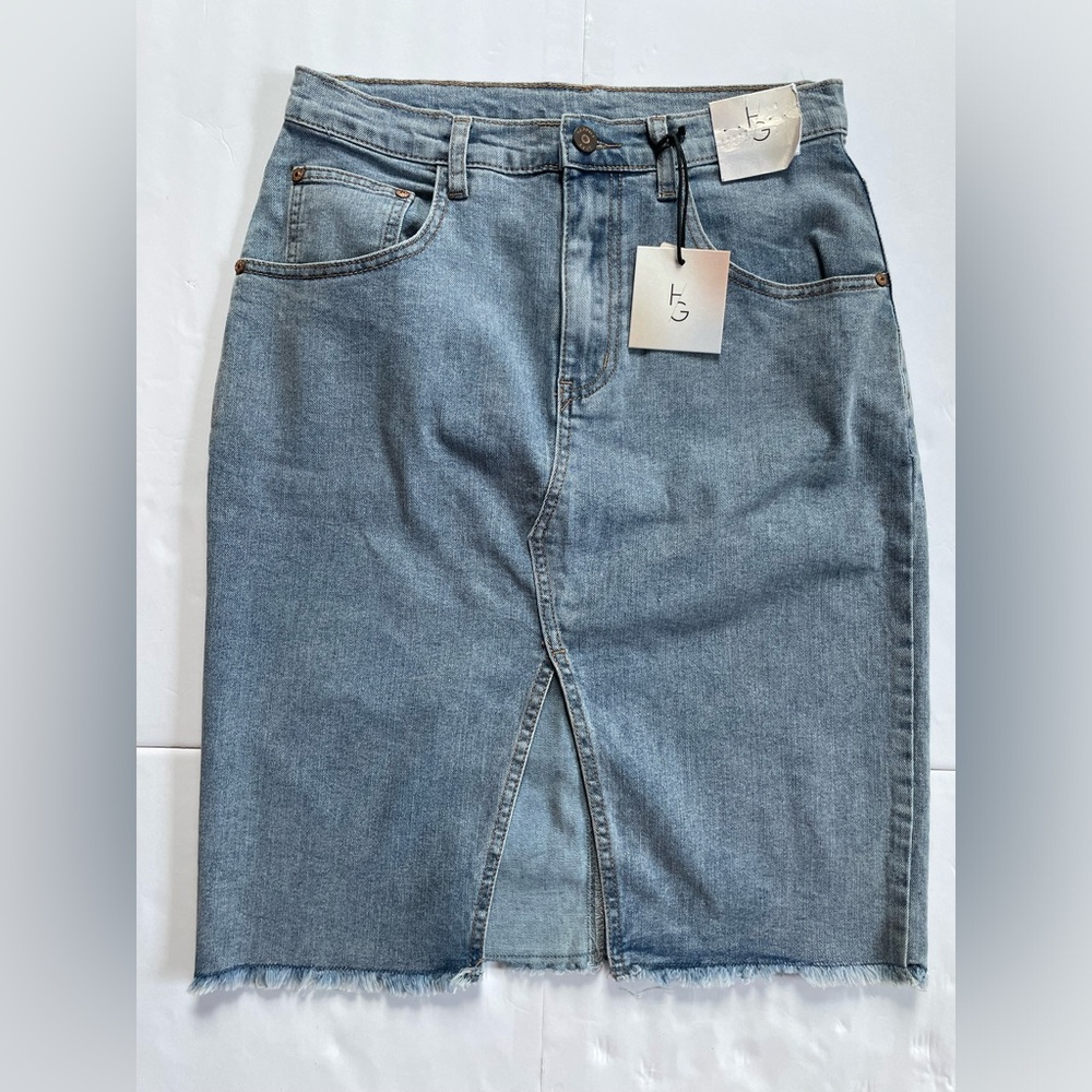 Denim Light Blue Straight-Skirt With Fray